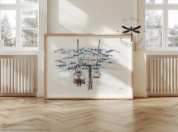Man in Chairlift Watercolor Art Print | Skier on Ski Lift | Ski Resort Artwork | Skiing Sport Print | Ski Wall ArtDecor | Ski Prints  | N80