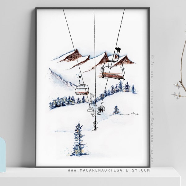 ChairLift art print watercolor (Nº60) Ski lift art skis print snow Sport skilift painting skiing watercolour snowy Skier ski resort (60)