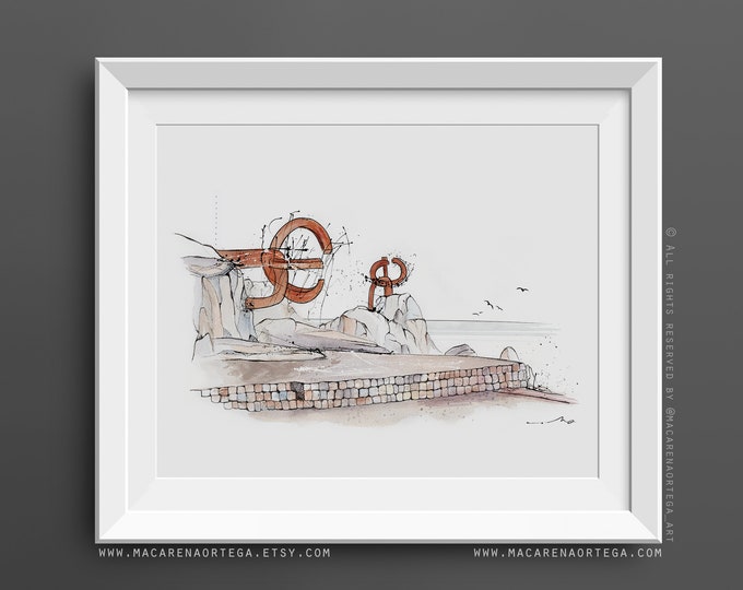 The Comb of the Wind watercolor Chillida spculture  Donostia San-Sebastián Basque La Concha Bay watercolor decor art print to decorate (112)