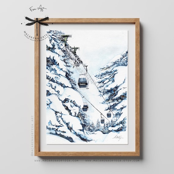 Baqueira Ski Gondola Watercolor, Art Print, Ski Resort Val d'Aran Pyrenees, Snowy Mountain Winter Decor, by Macarena Ortega | N157