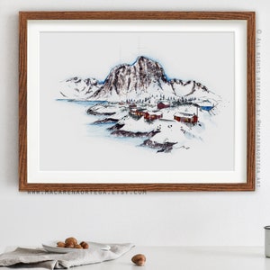 Aquarelle des Lofoten, Norvège, peinture Moskenesøya Mountain impression d'art Nordland Nº67 Art de la neige du cercle arctique Impression d'art du pôle Nord 67 image 7