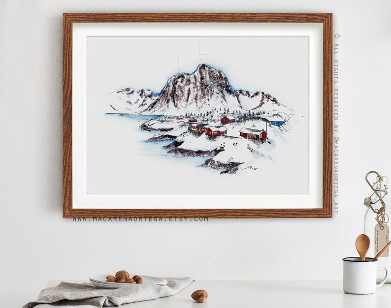 Aquarelle des Lofoten, Norvège, peinture Moskenesøya Mountain impression d'art Nordland Nº67 Art de la neige du cercle arctique Impression d'art du pôle Nord 67 image 7