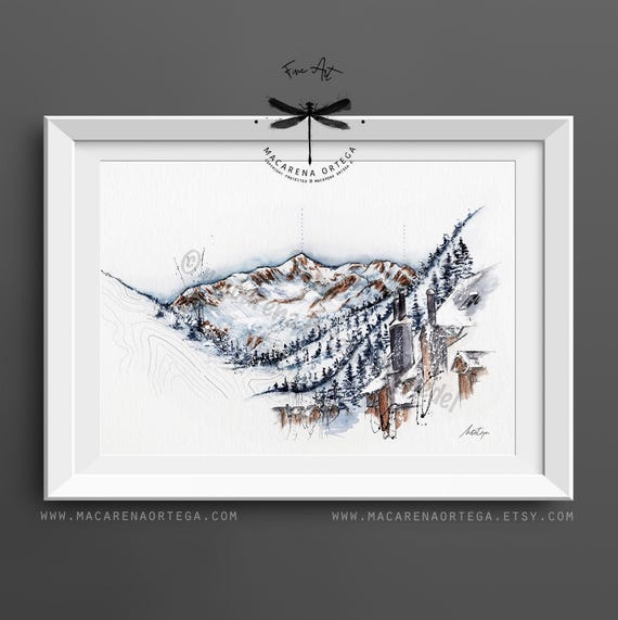 Arties Montardo Mountain Watercolor Art Print | Val d'Aran Town | Pirineos Ski Resort Winter Village | Pyrenees Artwork | Ski Wall Art | N59