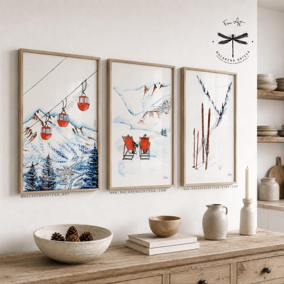 Vintage Skiing Collection, Set of 3 Watercolor Art Prints, Mountain Winter Wall Art, by Macarena Ortega