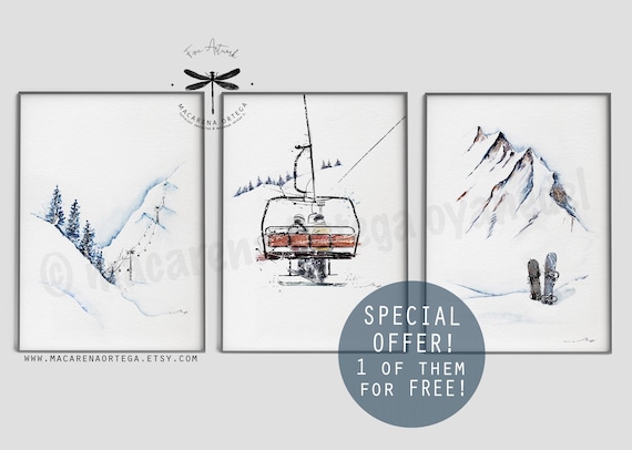 Snowboarders couple Watercolor SET of 3 prints 1 of them for free!! Special Offer home decor ski art prints ski wall art Christmas gift