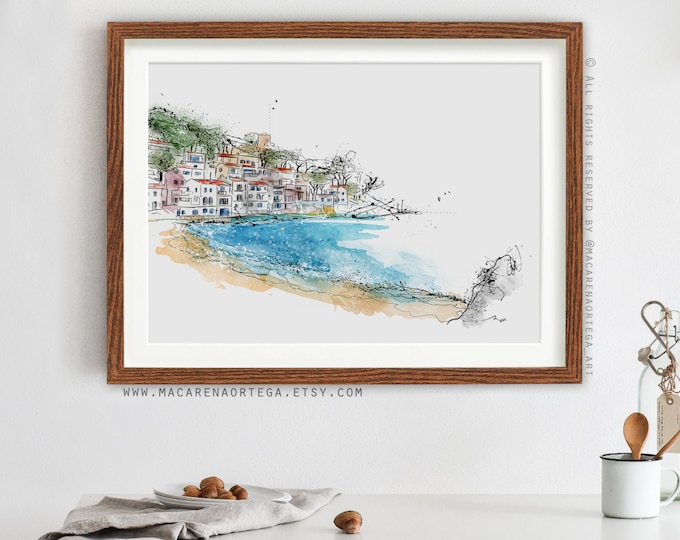 Cala Sa Tuna in Begur Painting Costa Brava painting art prints watercolor Spain mediterranean beach print Art (050)