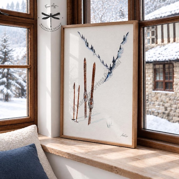 Vintage Wooden Skis, Watercolor Art Print, Alpine Ski Wall Art, by Macarena Ortega | N14