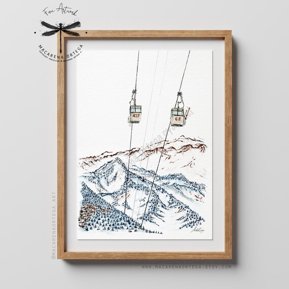 Verbier Old Góndola lift Print, Vintage Cabin Watercolor Art | Nostalgic Retro Ski Switzerland | Alps Ski Lift | Macarena Ortega | N143