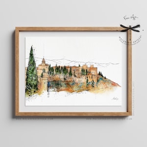 Alhambra Granada, Watercolor Giclée Print, Spanish Architecture Wall Art, Andalusia Palace | by Macarena Ortega | N11