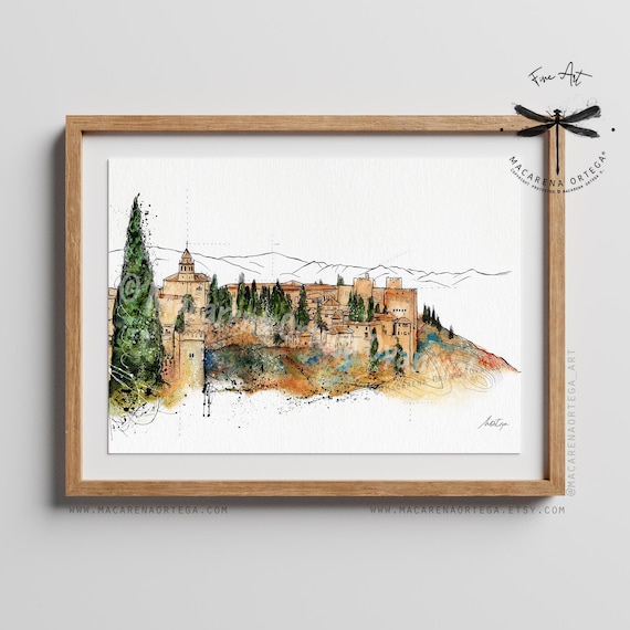 Alhambra Watercolor Artwork by Macarena Ortega | Granada Andalusia Palace Art prints | Spain Architecture Decor | Modern Art Paint | N11