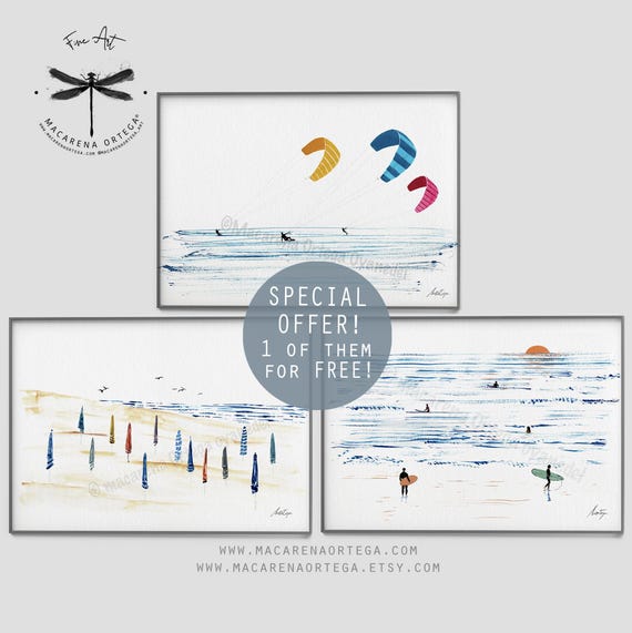 Summer Sport Collection SET of 3 prints 1 of them for free!! Special Offer Sufers wave Kitesurfers and windsurfers home decor watercolor