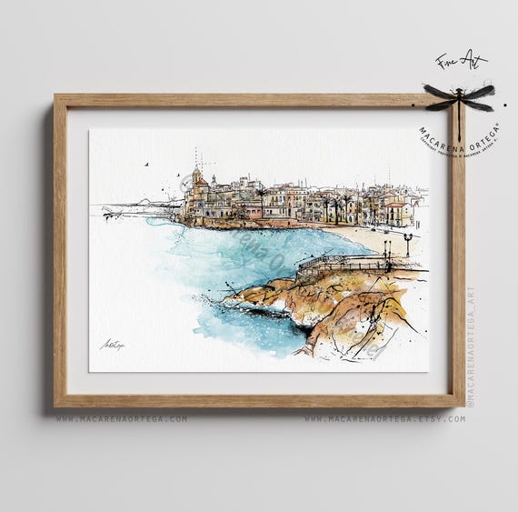 Sitges Watercolor Art Print | Coastal Spain, Summer Art, Mediterranean Beach, Travel Decor | Coastal Decor by Macarena Ortega Art | N34