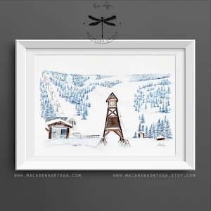 Schweitzer Mountain Resort Clock Tower Watercolor Art Print | Ski Village, Idaho Ski Decor, Ski Lovers | by Macarena Ortega | N29