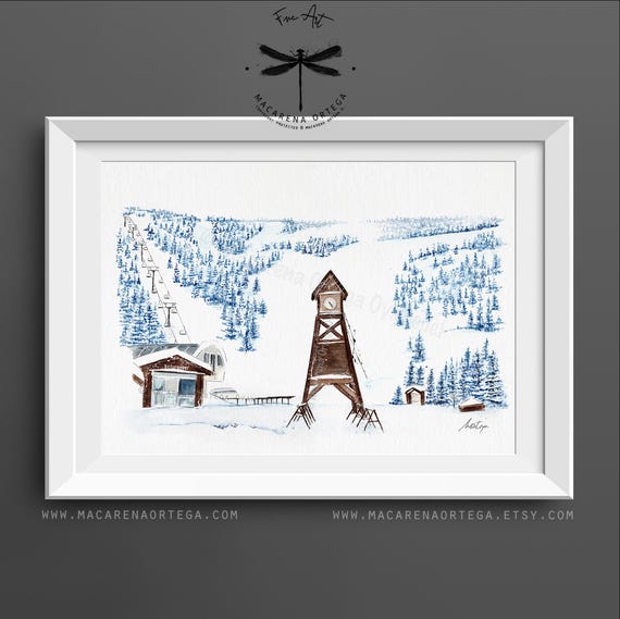 Schweitzer Mountain Resort Clock Tower Watercolor Art Print | Ski Village, Idaho Ski Decor, Ski Lovers | by Macarena Ortega | N29