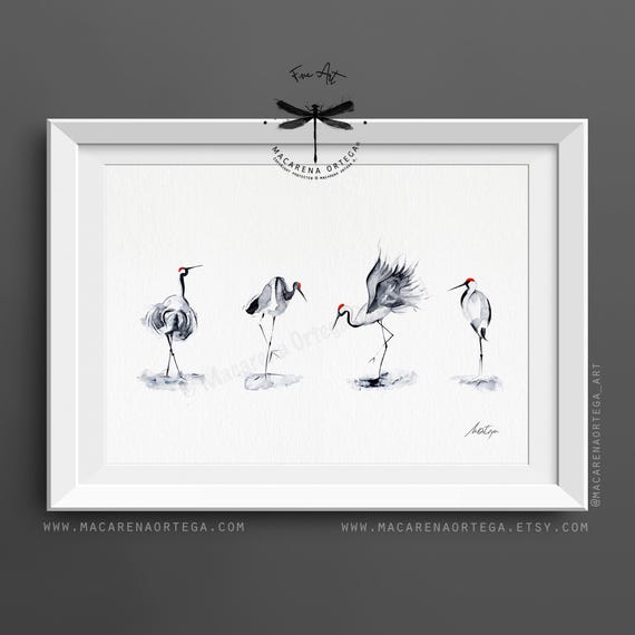 Four Cranes Friends Watercolor, Art Print, Bird Painting, Minimalist Nature Wall Decor, Red Sun Landscape Artwork, Elegant Wildlife | N213