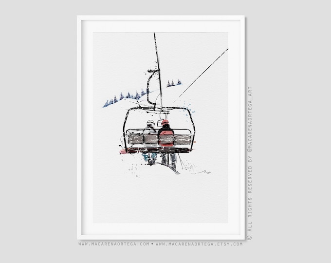 2 people in Skilift couple art print chairlift watercolor Skier (N72/78/101/28) Ski lift art skis print snowboarder Sport skiing ski resort