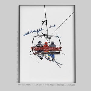 5-köpfige Familie Sesselbahn Kunstdruck Aquarell Skifahrer N72/78/101/28/94 Skifahrer Sesselift Kunstdruck Ski Snowboarder Sport Skifahrer Skiort 3 People (N78)