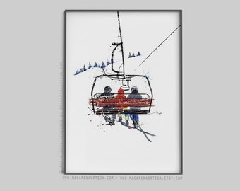 Family of 3 people in chairlift art print skilift watercolor Skier Ski lift art skis print snowboarder Sport skiing ski resort skiers family