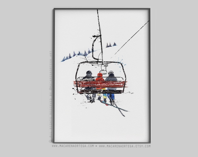 Family of 3 people in chairlift art print skilift watercolor Skier Ski lift art skis print snowboarder Sport skiing ski resort skiers family