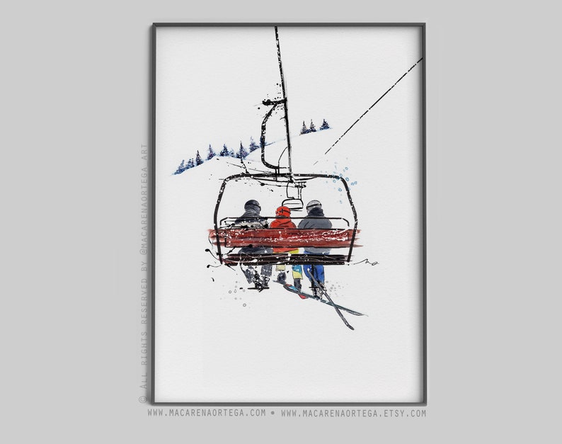 5-köpfige Familie Sesselbahn Kunstdruck Aquarell Skifahrer N72/78/101/28/94 Skifahrer Sesselift Kunstdruck Ski Snowboarder Sport Skifahrer Skiort 3 People (N78)