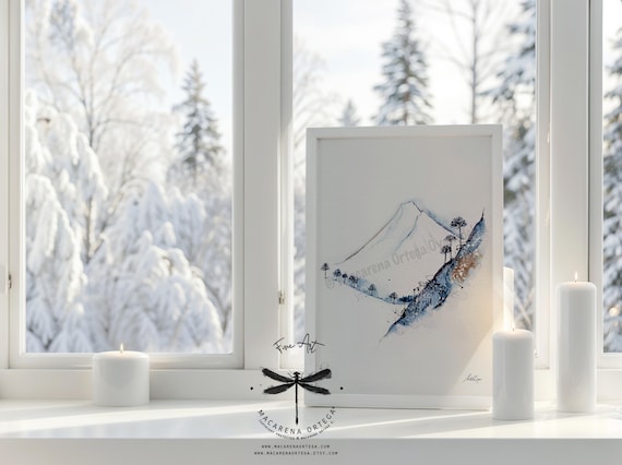 Llaima Volcano Watercolor Art Print | Araucaria Tree Painting | Chile Landscape Art | Winter Outdoor Adventure | by Macarena Ortega | N46