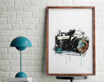 Nikon Camera FM2 vintage photo camera collage print painting retro camera handmade print modern original poster camera (092)