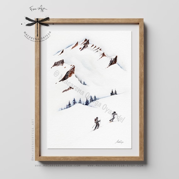 Skimo Watercolor Art Print | Ski Mountain Art | Splitboard Skiers | Mountaineer Adventure | Snow Hike Powder Sport | Macarena Ortega | N35