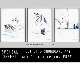 Snowboard ART SET of 3 prints 1 of them for FREE!!  Special Offer snowboarder, skiers and profesional skier watercolor art ski set prints