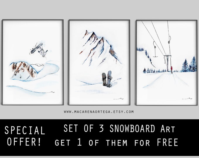 Snowboard ART SET of 3 prints 1 of them for FREE!!  Special Offer snowboarder, skiers and profesional skier watercolor art ski set prints