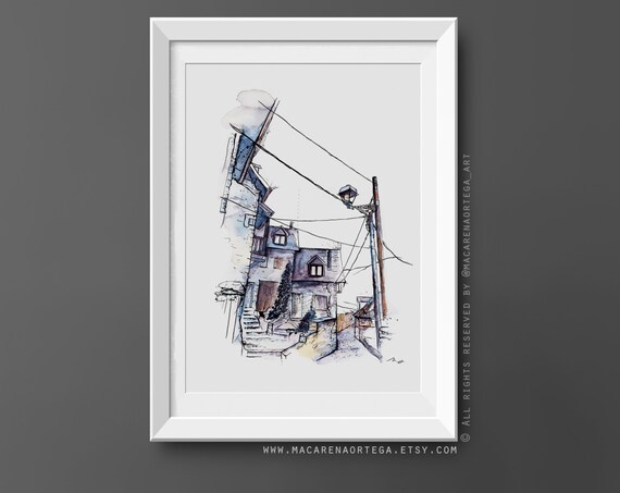 Val d'Aran Es Bordes Painting Art Print | Medieval Mountain Town Sketch, Pirineos Spain Urban Scene | Macarena Ortega Artwork| N29