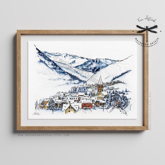 Salardú Watercolor Art Print | Valle de Aran Mountain Naut Aran Town Val d'Aran Spain Ski Print Winter Village Pirineos | Winter Decor | N84