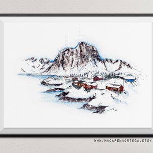 Aquarelle des Lofoten, Norvège, peinture Moskenesøya Mountain impression d'art Nordland Nº67 Art de la neige du cercle arctique Impression d'art du pôle Nord 67 image 5