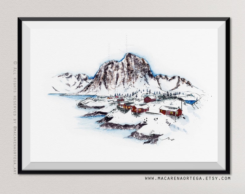 Aquarelle des Lofoten, Norvège, peinture Moskenesøya Mountain impression d'art Nordland Nº67 Art de la neige du cercle arctique Impression d'art du pôle Nord 67 image 5
