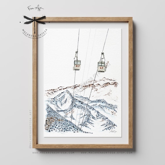 Verbier Old Góndola lift Print, Vintage Cabin Watercolor Art | Nostalgic Retro Ski Switzerland | Alps Ski Lift | Macarena Ortega | N143