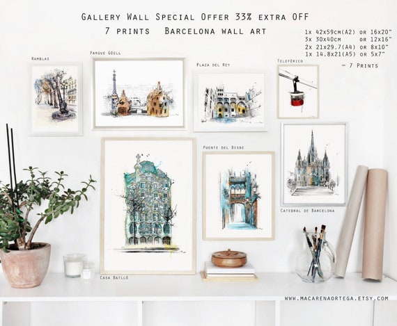 SET of 7 Barcelona Watercolor Fine art Prints Wall art collection, 33% Off Gaudi Barcelona Arquitecture