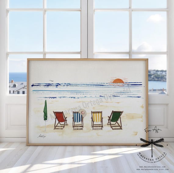 Colorful Deck Chairs by the Sea Watercolor Print | Beach Art, Summer Vibes, Coastal Decor | Summer Prints Decor | By Macarena Ortega | N148