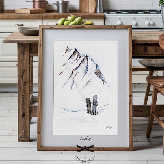 Two Snowboards Watercolor Art Print By Macarena Ortega |  Mountain Winter Scene | Sports Wall Decor | Gift for Ski & Snowboard Lovers | N48