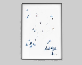 Aerial view Skiers and snowboarders print art watercolor (Nº76) skier people ski lovers skis print Sport watercolor painting skiing (76)