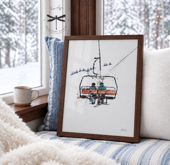 Skier & Snowboarder on a Chairlift, Watercolor Art Print, Winter Sports Artwork, Ski Resort Wall Art, by Macarena Ortega | N18