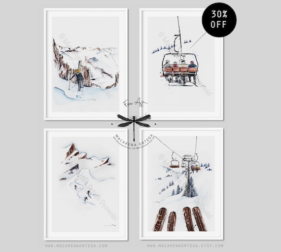 Ski watercolor SET of 4 Prints 30% OFF Special Offer Mountain home decor winter decor art prints wall gift POW Artwork by Macarena Ortega