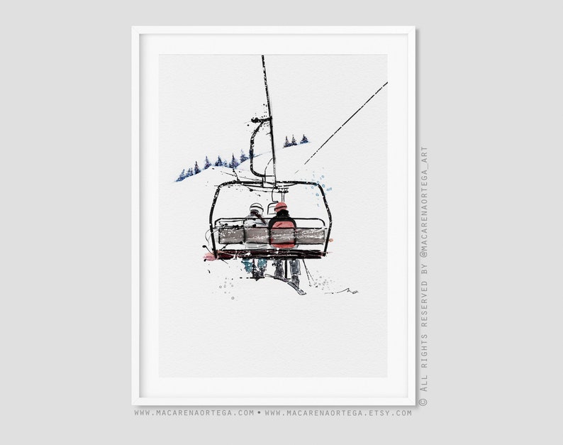 5-köpfige Familie Sesselbahn Kunstdruck Aquarell Skifahrer N72/78/101/28/94 Skifahrer Sesselift Kunstdruck Ski Snowboarder Sport Skifahrer Skiort 2 Skiers (15)