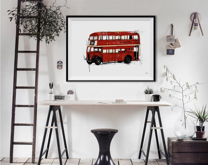 London Red Bus print UK Double Decker Bus poster Transport Themed Art City Gift  London Town Print Wall Art United Kingdom (083)