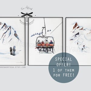 LOT DE 3 ARTS DE SKI, 1 tirage gratuit !! Offre spéciale Friends in Chairlift, Snowboard and Skiers Mountain, impression d'art de ski pour la maison