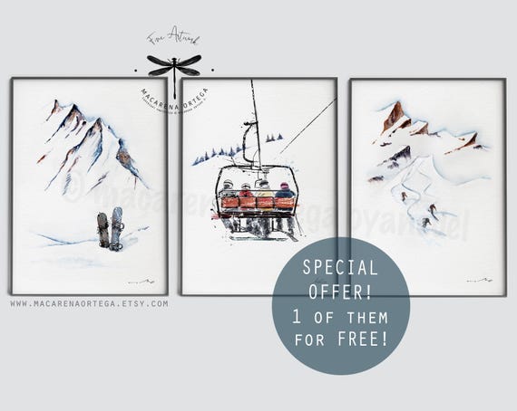 SKIING ART SET of 3 Prints 1 of them for Free!! Special Offer Friends in Chairlift, Snowboard and Skiers Mountain home ski art prints ski