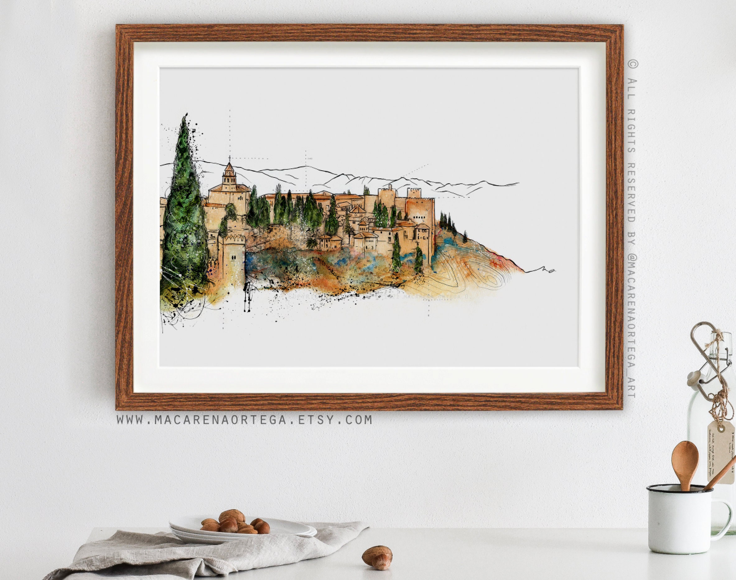 Wall Art Print, GRANADA City /Spain: #2 Romantic Old Scenes: Drawing S.XIX