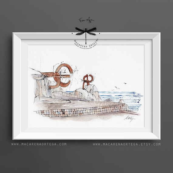 The Comb of the Wind Watercolor Art Print | Chillida Sculpture, Donostia, Basque Country, La Concha Bay | Handmade by Macarena Ortega | N112