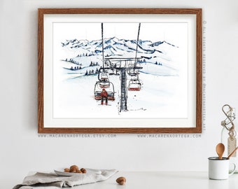 Man in ChairLift art print watercolor Skier (Nº80) one person on Ski lift art skis print Sport skilift painting skiing ski center (80)