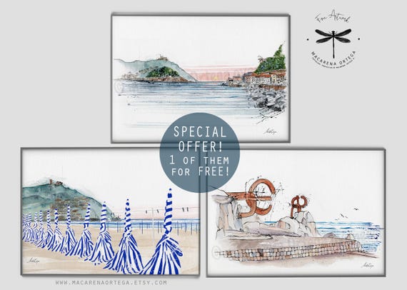 San Sebastian Watercolor Artwork SET of 3 prints 1 of them for FREE!! Special Offer, Ondarreta, Cocha Bay, The Comb of the Wind prints