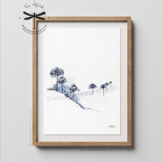 Chilean Araucaria Tree Watercolor Art Print | Andes Mountain Landscape | Chile Winter Decor | Outdoor Lover Adventurer Print | N47