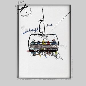 Familia de 5 en telesilla, impresión artística, acuarela, esquiador, esquiadores, arte, telesilla, arte, impresión de esquís, snowboarder, deporte, esquí, estación de esquí, arte